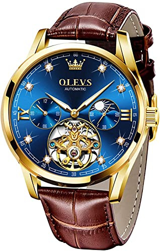 OLEVS Herren-Armbanduhr, Leder, automatisch, mechanisch, Skelett, Tourbillon, Diamant, luxuriös, selbstaufziehend, Mondphase, wasserdicht, leuchtend, Blau, Luxuriös
