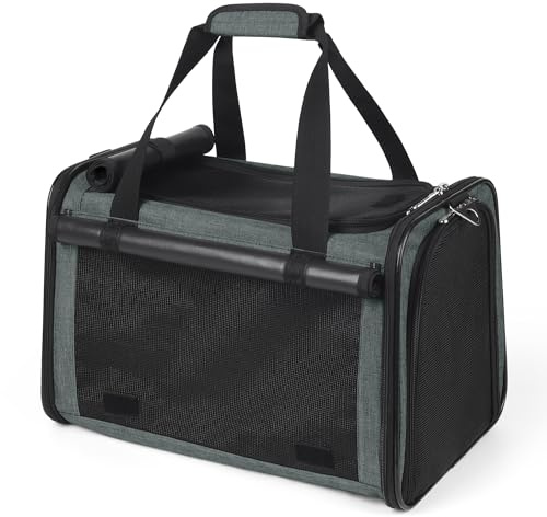 YUDODO 25 lbs Lightproof Soft Sided Pet Carrier for Large Cat & Small Dog Airline Approved Travel Puppy Carrier with Side Pockets & Reflective Mesh, Foldable Portable for Outdoor Car Grey Green