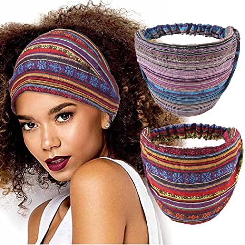Fashband - Paquete de 2 diademas anchas, bohemias, vintage, de rayas rojas, elásticas, antideslizantes, accesorio para que mujeres y niñas se recojan el cabello al hacer yoga