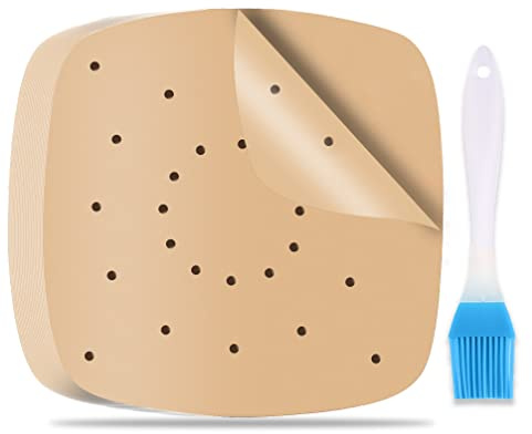 Airfryer Backpapier 21.6 cm, 200 Stück für Heißluftfritteuse | Perforiertes Backpapier mit Ölpinsel, rund, für Airfryer, Heißluftfritteuse, Ofen, Mikrowelle & Backen
