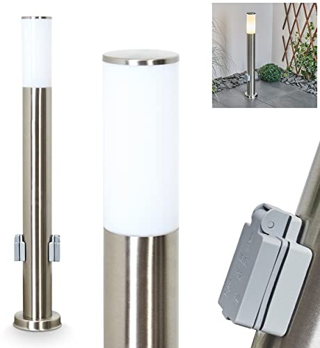 HOFSTEIN Wegeleuchte Caserta, Außenwegeleuchte mit 2 Steckdosen aus Metall/Kunststoff in Nickel-mattt/Weiß, moderne Außenleuchte für Garten, Außenbereich, Hof, Terrasse, Höhe 80 cm, E27, IP44