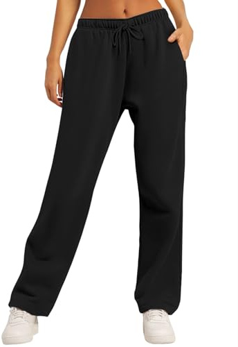 AUTOMET Women's Wide Leg Sweatpants Fleece Lined Baggy Straight Leg Lounge Pants Fall Outfits Athletic Joggers with Pockets Black M