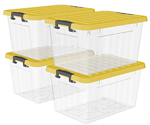 Cetomo 15L*4 Scatole di Stoccaggio con Coperchi, Contenitori in Plastica con Fibbie di Chiusura, Clip On, Impilabili, Incastonabili, Organizzatore a Righe per Casa Ufficio, Giallo, Chiaro, 15L-4 Pezzi