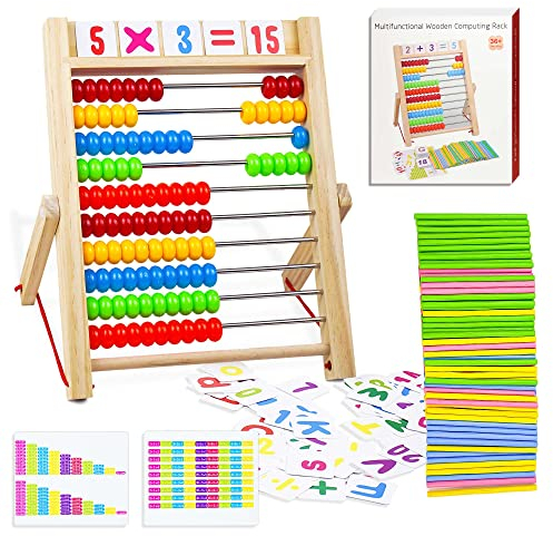 VingaHouse Grundschule Rechenschieber Abakus, Abacus Rechner Kinder Abakus Zählrahmen zum Rechnen mit 100 mehrfarbigen Perlen Zählstäbchen,Zahlenalphabetkarten,Abakus Spielzeug Kinder ab 3 Jahre