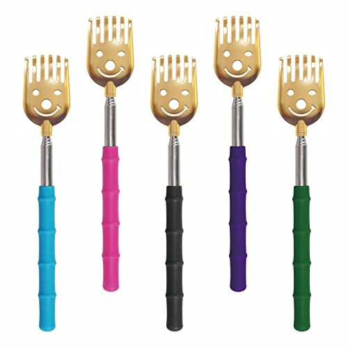 CERRXIAN 5 Stück Teleskop Rückenkratzer, Tragbarer, ausziehbarer Rückenkratzer aus Metall / Handmassagegerät mit weichen Gummigriffen für Erwachsene, Tiere (Gold)