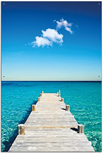 Wallario Outdoor-Poster für Garten oder Balkon Steg am tropischen Meer, Motivbanner Größe: ca. 60 x 90 cm, Outdoor-Bild