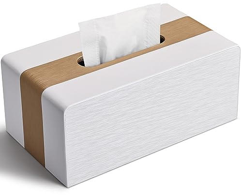 LADSTAG Kosmetiktücher Box Taschentuchbox aus PU Leder, Tücherbox Taschentücher Box Spender Tissue Cover Rechteckige, L×B×H: 25 × 13,7 × 9,4 cm (Gold + Weiß)