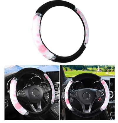 JNNJ Funda Volante Coche, Cubierta De Volante De Felpa Invierno, Cubierta del Volante Universal Volantes Coche del Diamantes Cristal, Funda Volantes con Estampado De Vaca para Automóvil(Rosa/Blanco)