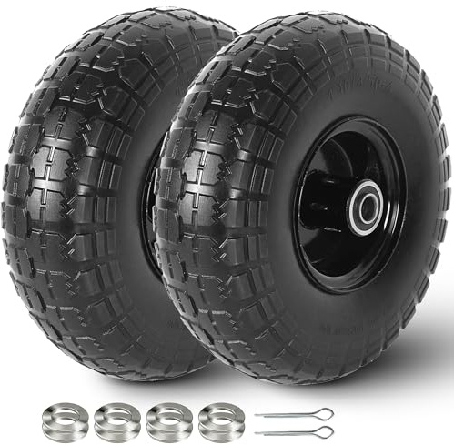 AR-PRO (2 Pack) 4.10/3.50-4 Flat Free Tire and Wheel, 10-Inches Solid Tires for Wheelbarrow, Dolly, Hand Truck, Wagon, Garden Cart, Generator Wheels Replacement - 5/8 Bearings, 2.2 Offset Hub