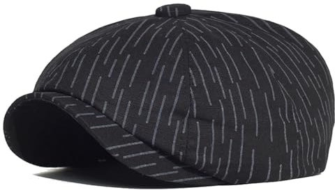 SOYNIA Barett Baskenmützen Für Herren Mode Gestreifte Newsboy-Mütze Baumwolle Peaky Achteckiger Hut Vintage Casual Berets 56-59Cm Schwarz