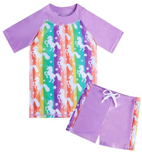 Fanient Girls Swimming Costume Kids Two Pieces Short Sleeve Swimsuit Cute Printed Swimming Suit UPF 50+ Protection Swimwear Sets 4-10 Years