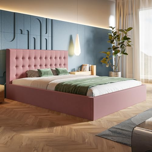 MOTIVENA Lili Bett 120x200 Rosa Samt, mit Stauraum, mit Kopfteil, mit Lattenrost, ohne Füße, ohne Matratze, Polsterbett 120x200 mit Bettkasten Rosa
