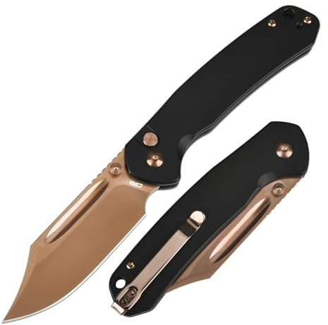 CJRB Bowie Pyrite Pocket Knife, Folding Knife with 3.15'' AR-RPM9 Steel Rose Gold Blade, Hunting Knife with Clip Steel Handle for Camping, Survival - Suitable for Men & Women - J1942