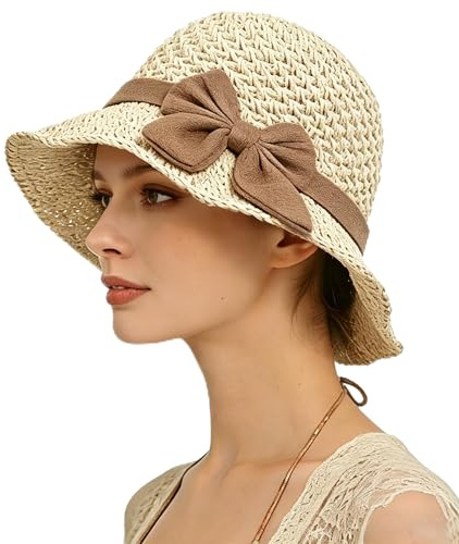 TINAYAUE Chapeau de Paille Pliable Femme, Anti-UV UPF Casquette de Soleil Respirante, Capeline Panama pour Plage, Voyage, Randonnée