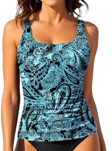 Aqua Eve Tankini Tops for Women Swimwear Top Only Tummy Control Bathing Suit Top No Bottom (Available in Plus), Blue Paisley, Medium