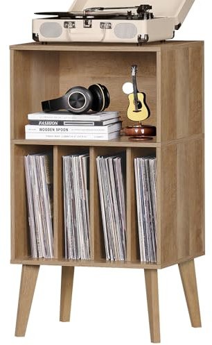 Lerliuo Record Player Stand, Oak Turntable Stand Holds up to 160 Albums, Mid-Century Vinyl Storage Cabinet Table with Solid Wood Legs, Record Player Holder Dispaly Shelf for Bedroom Living Room