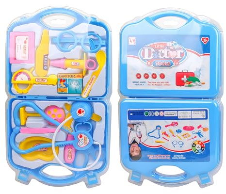 Malette Docteur Enfant, 15 Pièces Kit de Médecin Étui de Transport Docteur Accessoires avec Stéthoscope, Thermomètre Jouets de Jeu de Rôle de Docteur Cadeau pour Enfant Garçons Filles (Bleu)