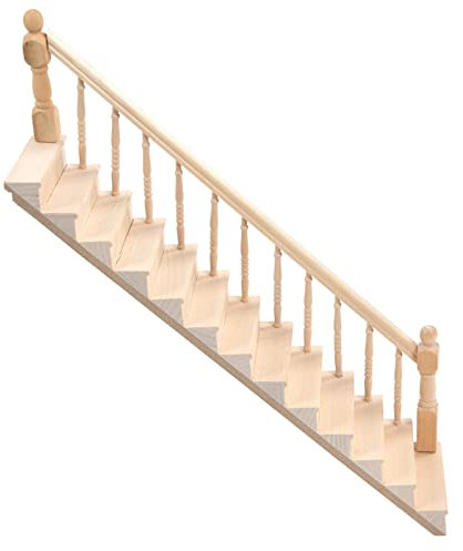 Escalier Miniature en Bois Échelle 1:12 pour Maison de Poupée avec Main Courante - Accessoire Meuble en Bouleau Naturel 32,5cm x 6,7cm, Décoration DIY Créative Cadeau Filles