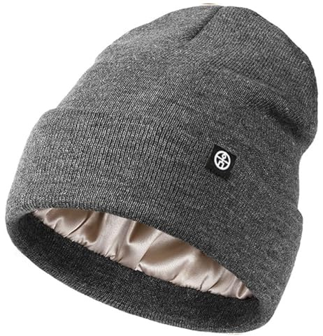 Enwokran Unisex mjuk känsla uppfällbart slokande stickad mössa hatt varm fleece fodrad vintermössa för kallt vått väder, vindtät och varm och stretchig, Mörkgrått, one size