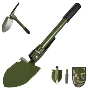 Pala Vanga Richiudibile con Picozza + Sacca Camo per Scavo Giardino Terreno Metal Detector Paletta Giardinaggio + Bussola su Manico Sopravvivenza Campeggio