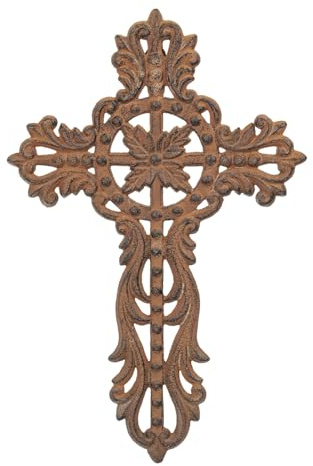 Sungmor Cast Iron Cross Wall Decor, Ornate Metal Wall Art, Vintage Decorative Outdoor Hanging Cross, Rustic Brown Religious Wall Sculpture Farmhouse Home Decor