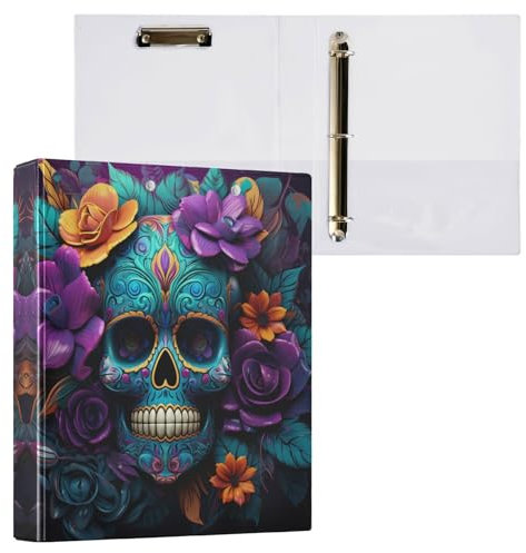 Linnyio Blumenmuster Blauer Totenkopf 3 Drei-Ring-Ordner, Klemmbrett-Ordner mit Taschen, Für Schule, Büro, Lehrer
