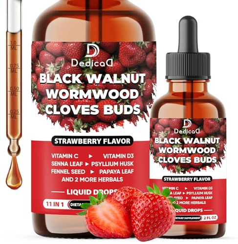 DEDICAD 11in1 Black Walnut Wormwood Cloves Liquid Drops with Cloves Buds, Senna Leaf, Psyllium Husk, Fennel Seed, Papaya Leaf and More - 2 oz Fl - 60 Days - Strawberry Flavor