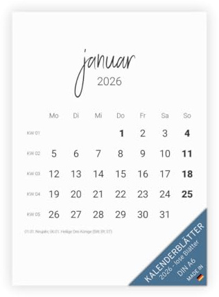 PuK Tischkalender 2026 Kalenderkarten | DIN A6 Monatsübersicht mit Feiertagen und Kalenderwochen | 12 Monatskarten Tischkalender Schreibtisch Terminkalender (nur Kalenderblätter)