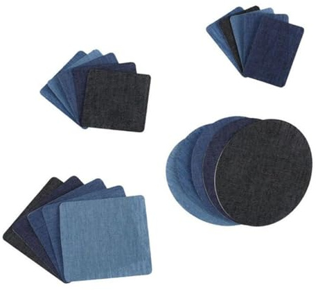 YFaith Stoff zum Aufbügeln, 20 Stück Jeans Flicken zum Aufbügeln Innen, 4 Formen Aufbügel Patches, Schneidbares Denim-Bügelbild mit Nähset für Reparieren Jeans, Kleidung, Taschen