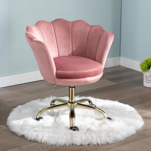 Ya-Home Silla Escritorio de Terciopelo Silla de Oficina Giratoria,Silla de Trabajo Moderna con Patas Doradas Silla Despacho de Ordenador en Altura Ajustable para Dormitorio/Tocador,Rosa