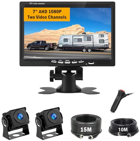 Dual-Rückfahrkamera HD 1080P mit 7 LCD Kfz-Monitor & Zuverlässige Kabel- Rückfahrkameras, IP68 wasserdicht, Nachtsicht, für LKW/Anhänger/Bus/Van/Landwirtschaft(12-24 Volt)