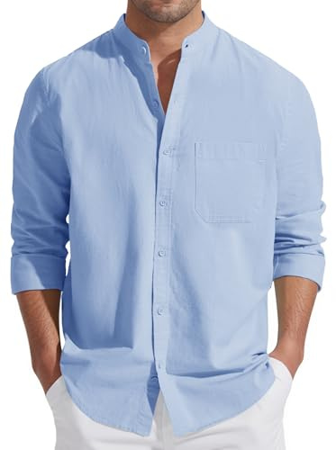 Friptspyg Camisas de Lino y Algodón para Hombre, Camisa de Lino de Manga Larga, Camisa de Verano, Cuello Alto, Camisas Informales, Camisas de Playa con Bolsillo, Azul Cielo XL