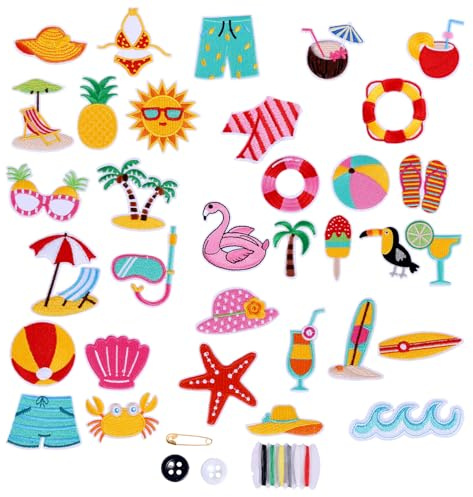 Tinoaly 33 St Sommarplåtar Värma Eller Fast Hawaiiansk Semesterstil, Broderade Stranddekorationer Söta Applikationer för Reparation Och Dekoration Kläder Hattar Shirts Väskor Jeans