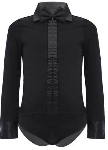 RUNQHUI Body da danza da ragazzo – Camicia da ballo latino balletto leotard ginnastica pattinaggio vestito, Nero , 11-12 Anni