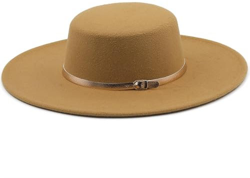 WUFANGBU Fedora Trilby Filzhut Hut Damen Runder Zylinder 10Cm Große Traufe Flacher Top Filz Weicher Hut M(56-58Cm) 03Camel