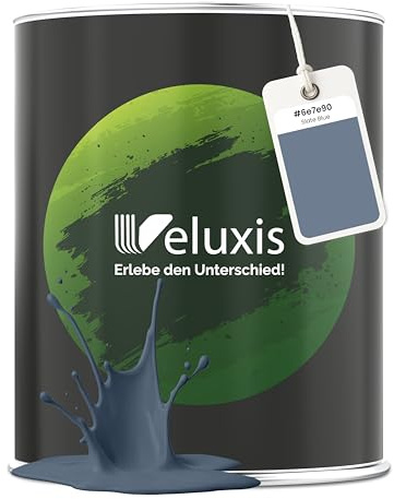 Veluxis Wandfarbe Blau Grau Hellblau matt 2,5 L – Slate Blue | Innenfarbe mit Deckkraft Klasse 1, VOC-frei, ohne Grundierung, tropfarm, für Wohnzimmer und Schlafzimmer