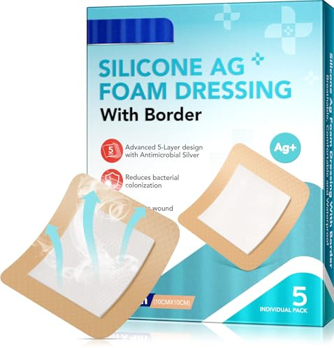 Silikonschaumverband, Wundauflagen Verschieden - 5er Pack zum Schutz vor Infektionen, hypoallergen, atmungsaktiv, saugfähig für Schnitte, Schürfwunden, Geschwüre, Wunden, 10cm x 10cm