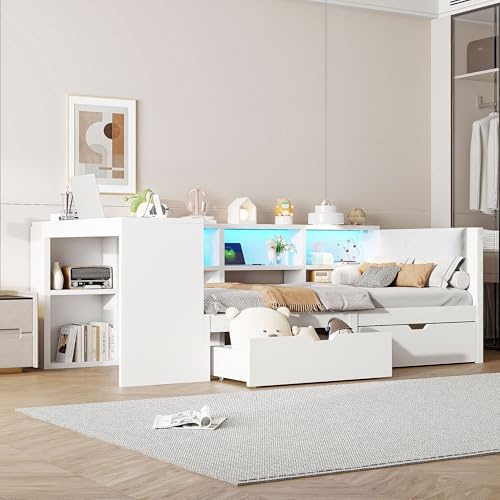 Gegtuon Schlafsofa Kinderbett Bett 90x200 mit LED-Licht, USB-Einzelbett Sofabett mit Regal Stauraum und 2 Schubladen, Tagesbett Jugendbett Bettgestell mit Tisch und Lattenrost, ohne Matratze, Weiß