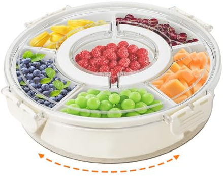 LACEEZEN Snackbox mit Fächern, PP-Material Rund Spinner Snackbox Kinder mit 6 Fächern, Herausnehmbare Snackteller mit Deckel und Griff, Picknick Box für SüßIgkeiten Obst Gemüse -Round