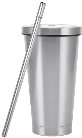 500 ml rostfritt stål förtjockad dubbelvägg kall och varm kaffedrickare med lock och sugrör: isolerad resekaffemugg för hem resa kontor (stålfärg)