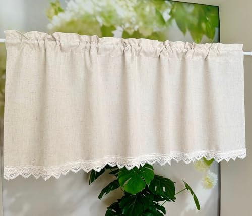 Jeeman Blickdichte Scheibengardine mit Leinenoptik Boho Kurz vorhänge | Naturfarben H45xB90cm 1 Stück Lichtdurchlässig Küchengardine mit durchbrochener Spitze Retro Bistrogardine Türgardinen