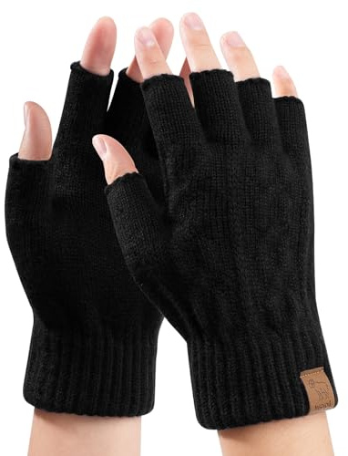 Voqeen Fingerlose Handschuhe Damen Herren 100% Wolle Thermo Winterhandschuhe Ohne Finger Warme Touchscreen Strickhandschuhe für Arbeiten Fahren