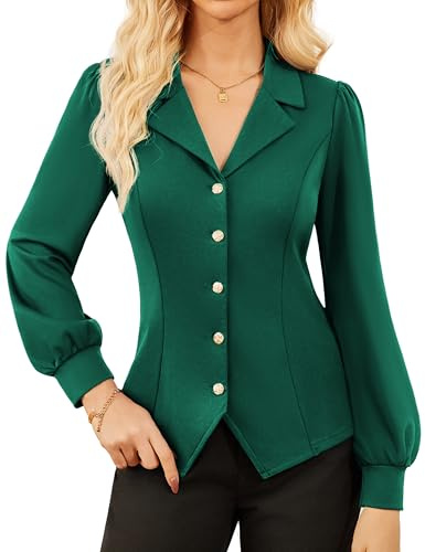GRACE KARIN Blusa elegante para mujer, entallada, con botones, manga larga, cuello de solapa, verde oscuro, M