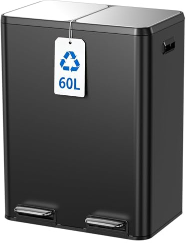 Kitchen Bin,60L Dual Rubbish Bin,2 x 30L Stainless Steel Pedal Bin,Double Bin Recycling with Soft-Close Lids and Plastic Inner Buckets,Fingerprint Proof,Odour Seal,Large Capacity, Space Black