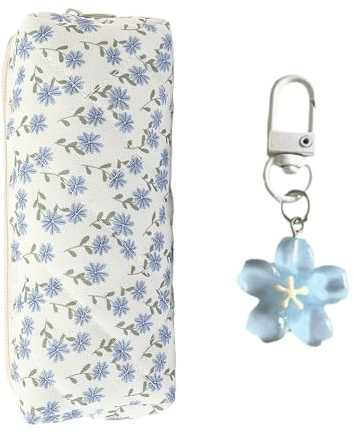 Floral Cotton Pencil Case with Keychain, Small Makeup Bag for Girls