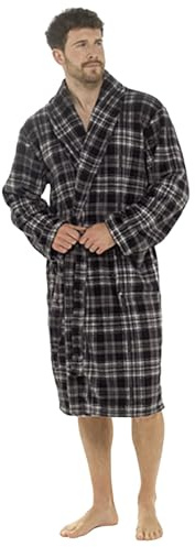INSIGNIA Men’s Fleece Dressing Gown, Check Bathrobe with Shawl Collar, Tie Belt & Pockets, Warm Polyester Loungewear, Machine Washable, M–XXL (UK, Alpha, M, Regular, Regular, Black Check)