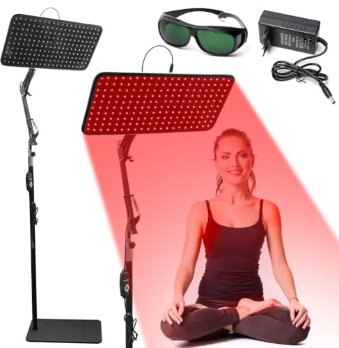 Rotlichtlampe für Gesicht & Ganzkörper, Infrarotlampe mit 200 LED, Infrarot-Wärmelampe mit 5 Helligkeitsstufen und Tri-Wellenlängen (660nm, 850nm, 940nm), Großes LED Rotlicht Panel mit Schutzbrille