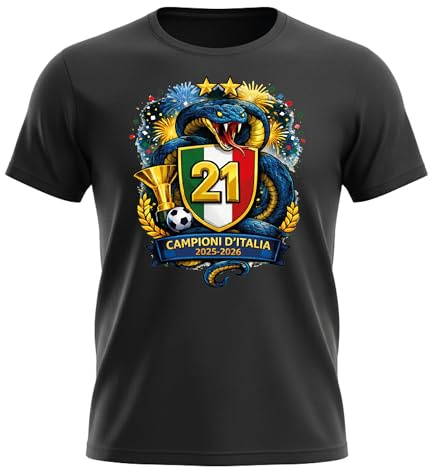 Generico Maglietta Celebrativa Campioni d’Italia 2025-2026 – Scudetto 21 – T-Shirt da Adulto Calcio con Stemma Tricolore, Trofeo e Serpente – Idea Regalo Tifosi