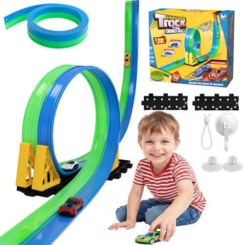 Flexible Autorennbahn Kinder 4.5M, Doppelspur Rennstrecke Tragbare Rennbahn mit 4 Autos,Rennwagen Auto Rennspiel Spielzeug Indoor Outdoor,Geschenke für Jungen Mädchen ab 3 Jahren (Blau&Grün)