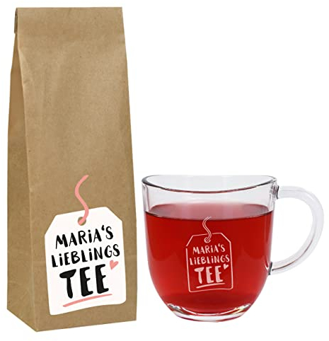 Herz & Heim® Tee Set bestehend aus einer Leonardo Teetasse aus Glas mit Gravur des Wunschnamen und einer Packung Früchtetee